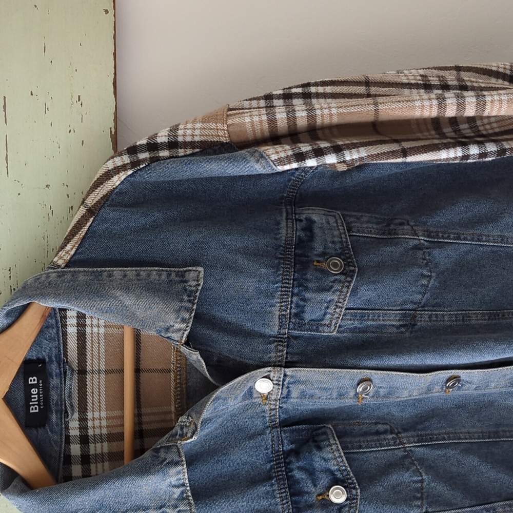 BLUE B COLLECTION I Boutique Denim & Plaid Flannel Contrast Jean Jacket, L - Picture 4 of 15